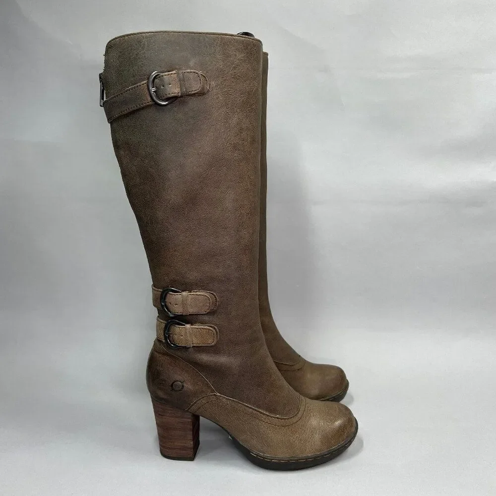 Born Women's Size 6 Tall Brown Leather‎ Buckle Strap Heeled Riding Boots